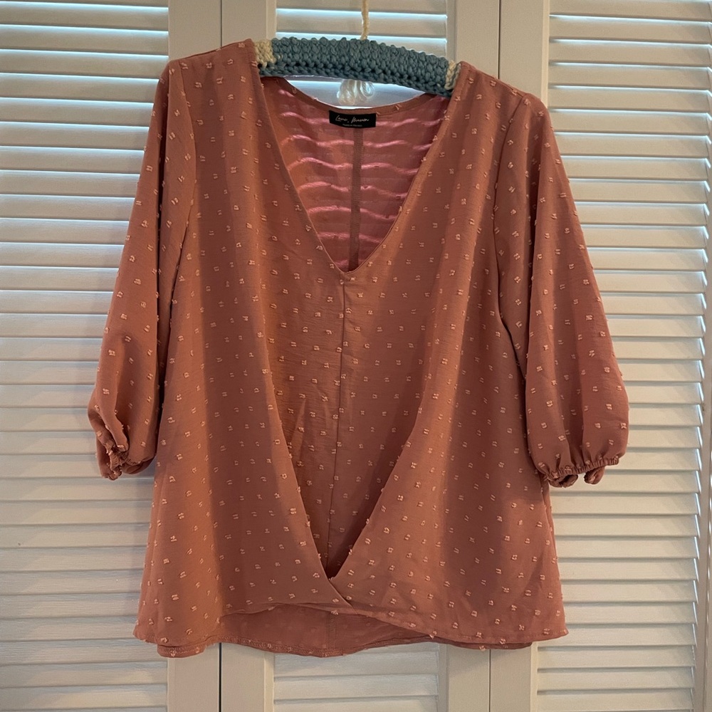 565. Love, Maven Blouse Dusty Rose Gathered 3/4 Sleeve Shirt